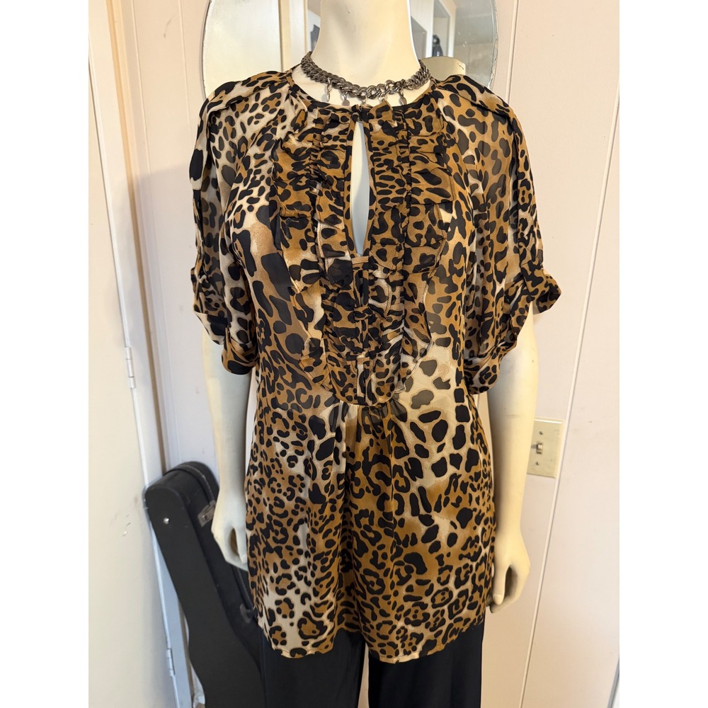 Nanette Lepore Breathless Silk Leopard Ruffle Keyhole Blouse Tan Black Gen S